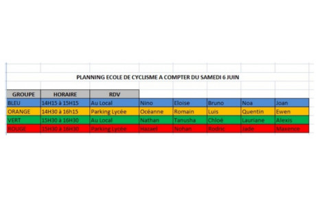 Planning reprise Ecole de cyclisme 